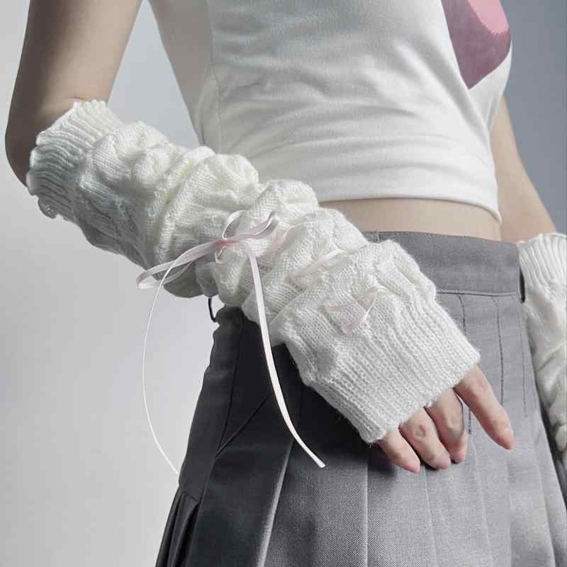 アームカバー おしゃれ レディース ダーク ロリータ リボン スリーブ ストリート クール JK ホワイト ブラック