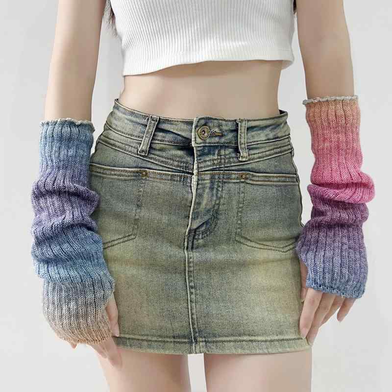 アームカバー おしゃれ レディース 女の子 ファッション レトロ ニット 暖かい 万能 スリーブ JK カレッジ グローブ グラデーション グレー