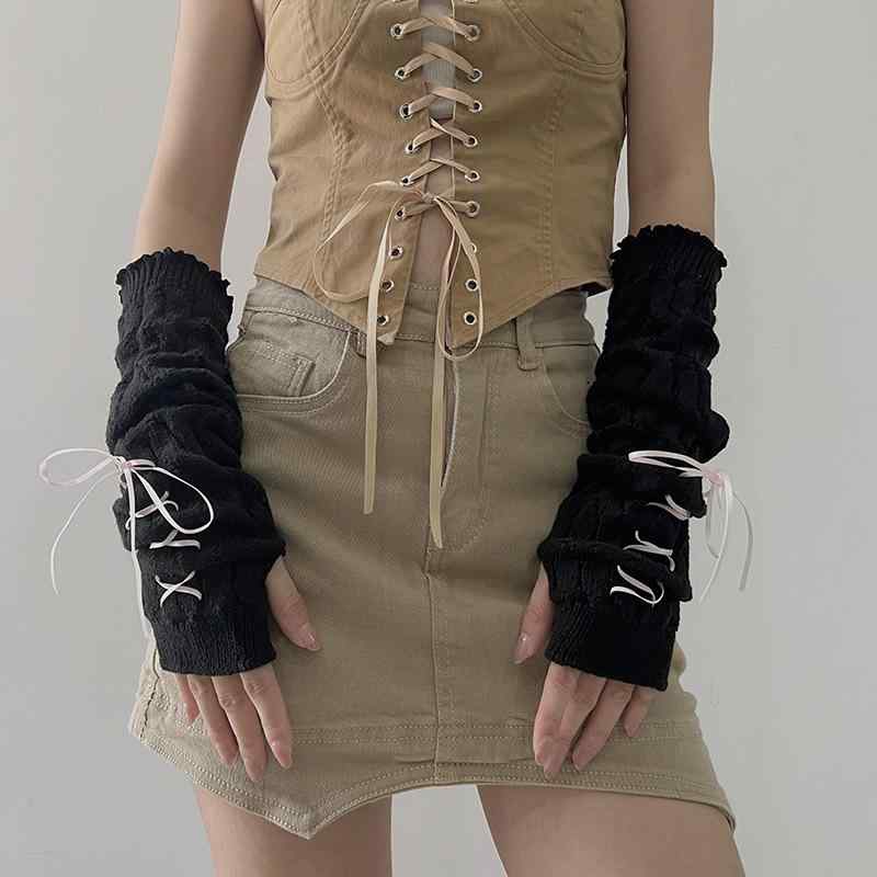 アームカバー おしゃれ メンズ レディース 女の子 ラベル サブカルチャー ウール スリーブ Y2K ハーフフィンガー グローブ 秋冬 ブラック ホワイト