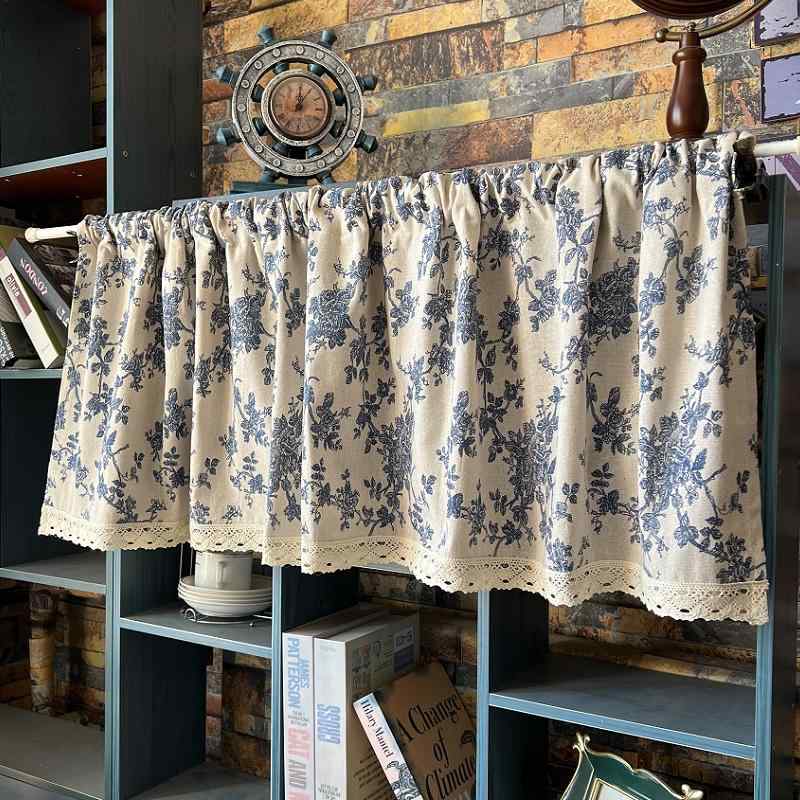 カフェカーテン おしゃれ 小窓 ハーフ キャビネット ショート エスニック ウィンドウ ベージュ ブルー
