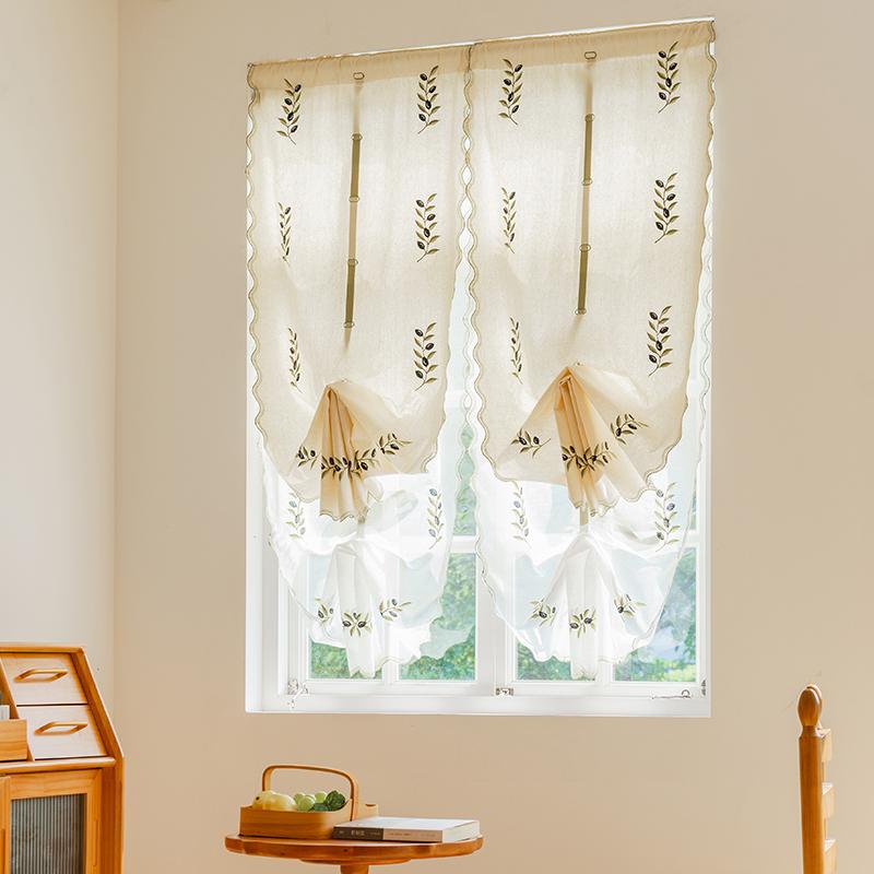 カフェカーテン おしゃれ 小窓 刺繍 伸縮 キッチン パーティション ホワイト グリーン