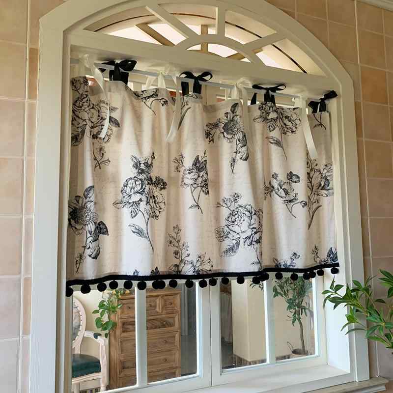 カフェカーテン おしゃれ 小窓 レトロ アメリカン 遮光 リボン ハーフ ショート ウィンドウ パーティション バラ柄 ホワイト ブラック