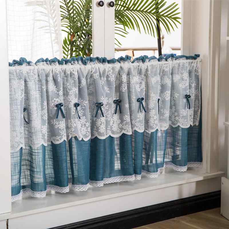 カフェカーテン おしゃれ 小窓 アメリカン ハーフ ショート コーヒーショップ レース キャビネット パーティション ブルー