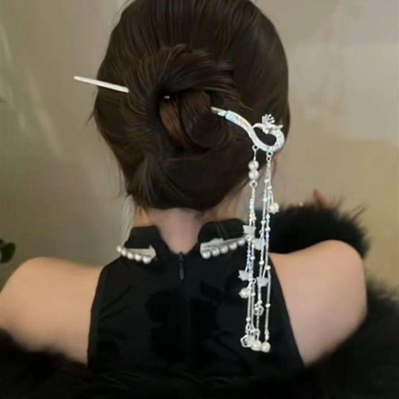 かんざし 一本 レディース ヘアアクセサリー 髪飾り ヘアピン 中国風 タッセル モダン ジュエリー ヘッド チャイナドレス ヘッドドレス シルバー