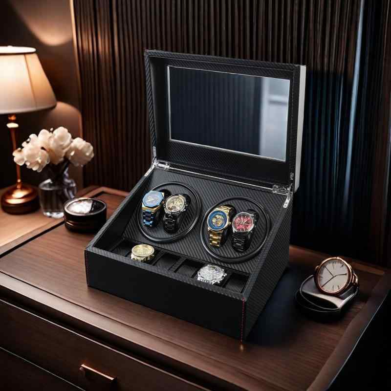 ウォッチワインダー 自動巻き 腕時計 ウォッチ 収納ケース カーボンファイバー PUレザー 静音設計 コレ..