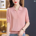 大きいサイズ 夏 シルク ニット 半袖 Tシャツ レディース 薄手 アイス シルク トップス ポロ カラー マザー ボトムス シャツ