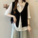 大きいサイズの レディースの 服は、 腹を カバー する 偽の ツーピース小さな シャネルの ベスト シャツ レディースの 夏の 太った mm スリム ストレート ショルダー 半袖 トップス
