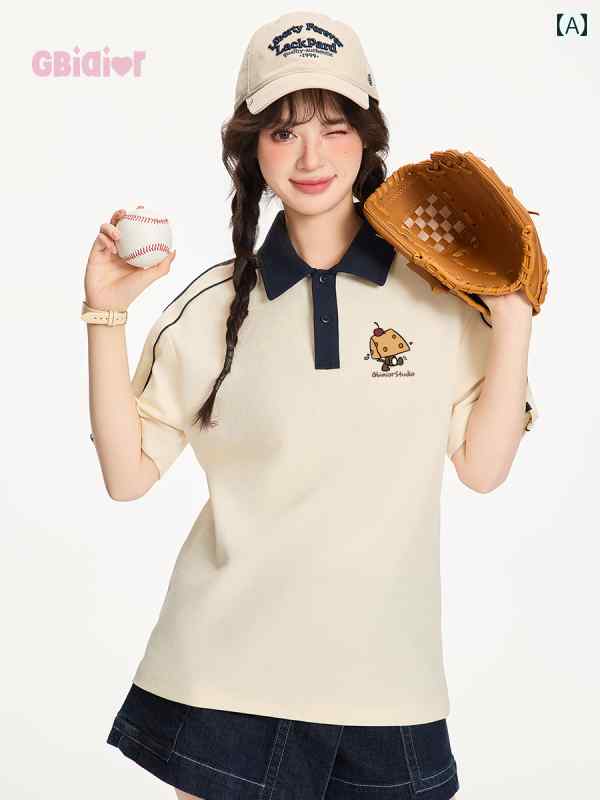 Gbiaior カレッジの キュートな チーズ 半袖 ポロシャツ レディースの カップル 夏 カジュアル スイー..