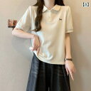 ネイビーブルーの ポロ カラー、 ストレート ショルダーの ボウ 付き 半袖 Tシャツ、 夏用 レディース、 大きいサイズ、 ミリ、 年齢を 感じさせない スモール シャツ、 カレッジ トップス