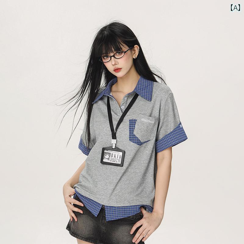 CTB ビール キャプテン・ アメリカン カレッジ フェイクツーピース 半袖 Tシャツ レディース 夏新 ポロ..