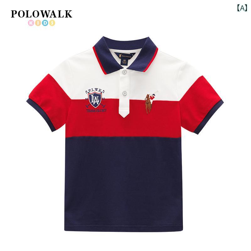 POLOWALK 子供 服 男の子 半袖 ポロシャツ 25 夏 ポール 子供用 コント ラスト カラー ステッチ Tシャツ