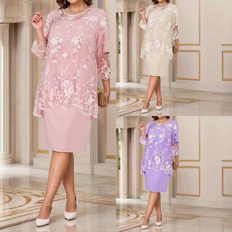 ワンピース レディース フェイクツーピース レース パーティードレス イブニングドレス 結婚式 二次会 エレガント 上品 五分袖 ラウンドネック ミディ丈 アシンメトリースカート ポリエステル