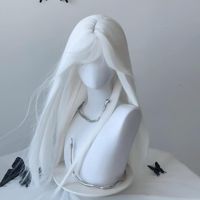 ウィッグ レディース ピュアホワイト ロングストレート 前髪ぱっつん 耐熱ファイバー コスプレ イベント パーティー ロリータファッション 普段使い デイリーユース 通気性抜群