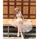 ワンピース レディース 夏 リゾート風 バカンススタイル チュール プリンセス風 ロング丈 フレンチ ロマンチック 立体フラワー キャミソール ポリエステル マカロンカラー スイート ガーリー