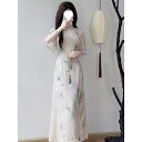 チャイナドレス レディース 女性用 新チャイナスタイル アオザイ風 旗袍ドレス ホルターネック フリルスリーブ シフォン ポリエステル スリムフィット スレンダ...