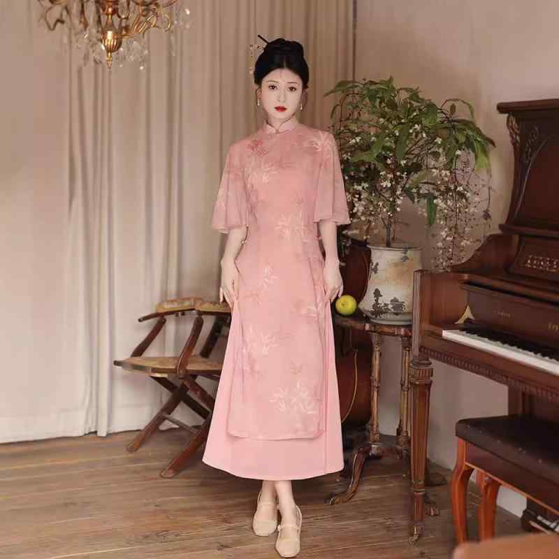 チャイナドレス レディース ピンク モダン 改良型 若い女性向け エレガント 普段使い お茶会 ポリエス..