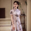 ワンピース レディース 新中国風 水墨画柄 アオザイ風 チャイナドレス 夏 体型カバー 着痩せ効果 ポリエステル サテン調 光沢素材 伸縮性 レトロ エレガント...