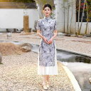 チャイナドレス レディース 新中華風 民族風 中国風 レトロ エレガント ロング丈 改良型 普段使い デイリー スタンドカラー 斜め襟 三分袖 ハイウエストスリ...