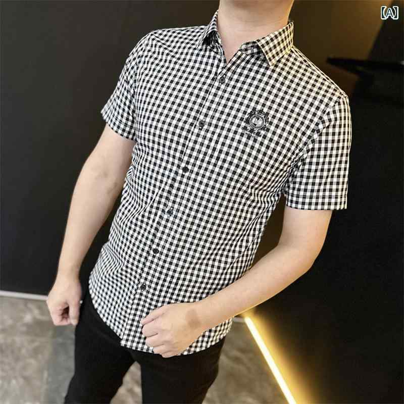 シャツ メンズ 半袖 夏用 ビジネス カジュアル オフィススタイル シンプルデザイン 薄手 スリムフィット 通気性 コットン シルケット加工 高級感 格子柄 チェック柄 通勤 普段使い オフィスカジュアル 黒 白 黄色