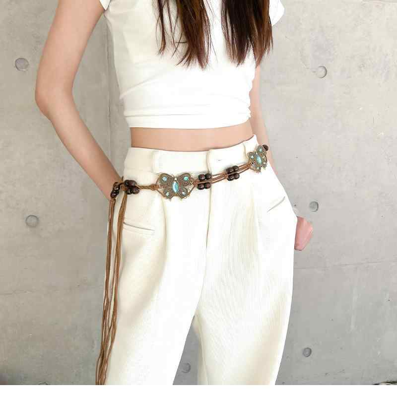 ウエストベルト ボヘミアン 民族調 蝶々モチーフ 手編み ハンドメイド コットンリネン エスニック カジ..