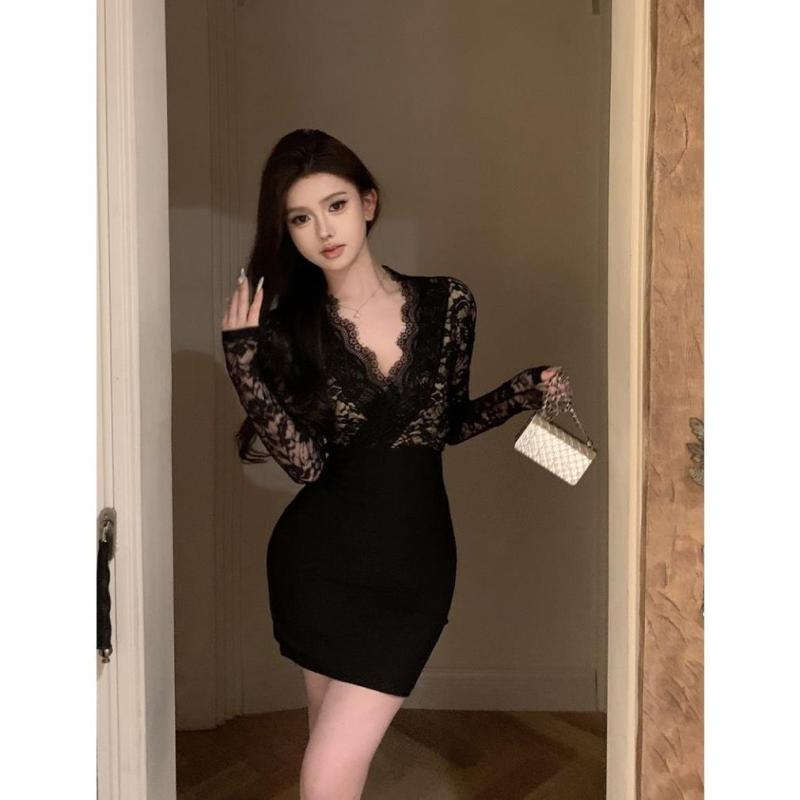 ワンピース レディース Vネック レース切り替え 長袖 ミニ丈 タイト ボディコン セクシー エレガント 大人女子 デート パーティー スタイルアップ 細見え ブラック アプリコット ポリエステル素材