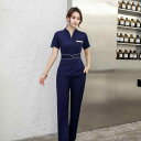 エステ ユニフォーム レディース サロン 美容院 足浴 施術着 仕事着 制服 吸湿速乾 ポリエステル Vネック 七分袖 半袖 セットアップ 上下セット ネイビー...