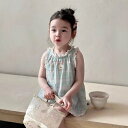 ワンピース 女の子 ベビー キッズ 夏 ノースリーブ スウィート レース フリル うさぎ プリント コットン プリンセスライン かわいい おしゃれ グリーン チェック柄 柔らか素材 韓国風