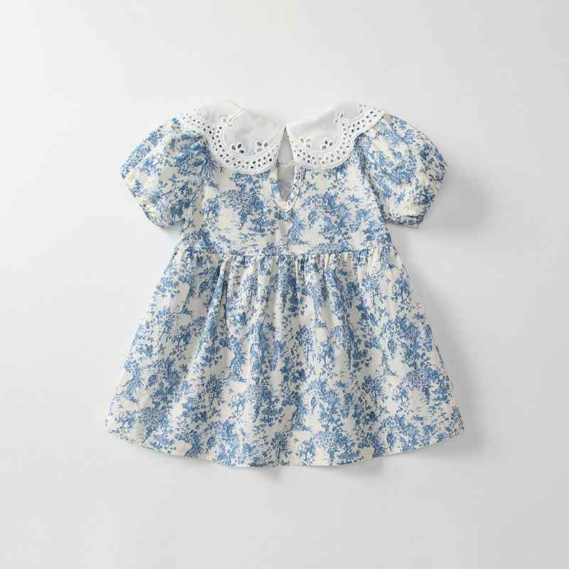 キッズ 女の子 ワンピース 夏用 半袖 ドールカラー 青花柄 小花柄 プリンセスライン Aライン 綿100% 柔らか素材 かわいい おしゃれ 清楚感 ブルー系