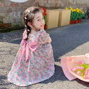 ワンピース キッズ 女の子 女児 夏用 プリンセスドレス おしゃれ かわいい シフォン ポリエステル 花柄 バタフライ 背中デザイン Aライン フレア ピンク