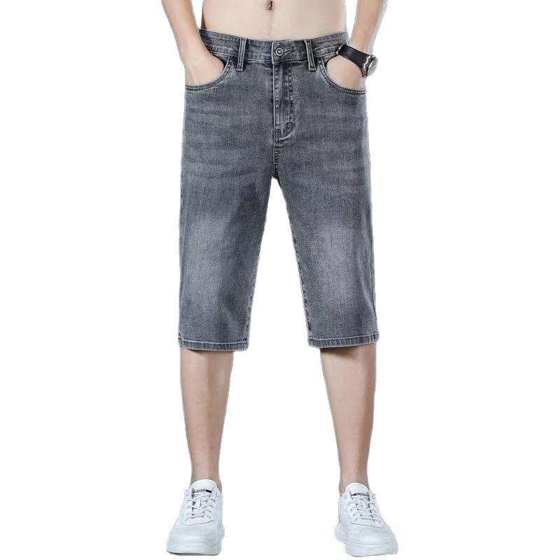 デニムパンツ Gパン メンズ 七分丈 ハーフパンツ 綿混デニム 薄手 ストレッチ ゆったり ストレートシルエット カジュアル 普段使い 夏 レジャー グレー ブルー系