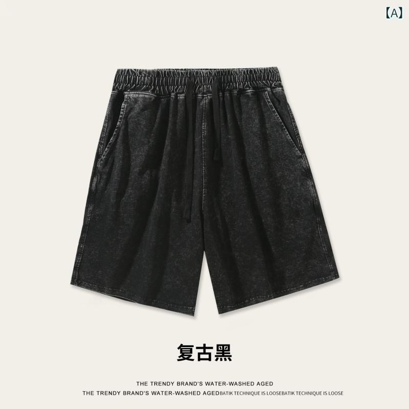ショートパンツ メンズ レトロ ヴィンテージ コットン100% 綿 スノーウォッシュ加工 ブリーチ加工 ユーズド加工 ダメージ加工 カジュアル ルーズフィット ゆったり 伸縮性 微ストレッチ 夏 サマー ロゴプリント 名入れ カスタマイズ