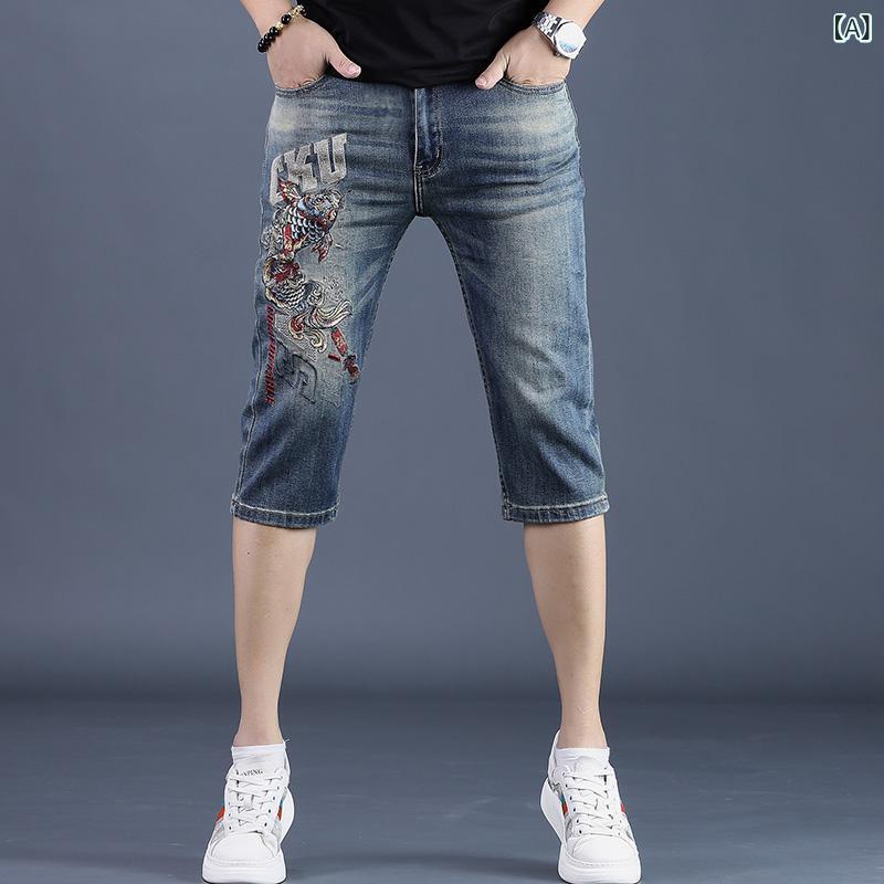 デニムパンツ メンズ 男性 夏用 薄手 スキニーパンツ スリムフィット 五分丈 ハーフパンツ クロップドパンツ ダメージ加工 刺繍 ウォッシュ加工 ストレッチ 綿 コットン レトロブルー ヴィンテージブルー 普段使い カジュアル