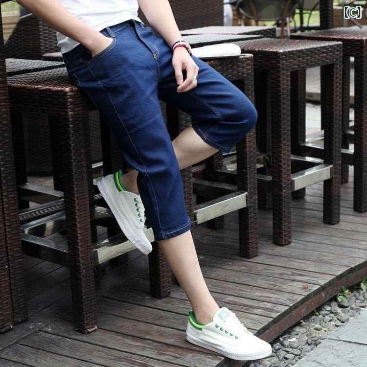 デニム ハーフパンツ メンズ ウエストゴム ゆったり 薄手 ストレート ドローストリング 立体裁断 ウォッシュ加工 カジュアル 夏 ひざ丈 ユースファッション