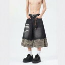 デニムパンツ メンズ 迷彩柄 フェイクレイヤード ダメージ加工 ショートパンツ 7分丈 クロップドパンツ ストリート ヒップホップ カジュアル ゆったり ルーズフィット ウォッシュ加工 コットン 綿 ストレッチ ブラック 黒