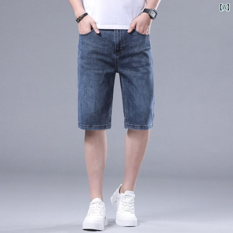 デニム メンズ ストレート ゆったり クロップドパンツ 高ストレッチ 綿混 夏 薄手 軽量 普段使い カジュアル リラックスフィット ブルー ブルーグレー