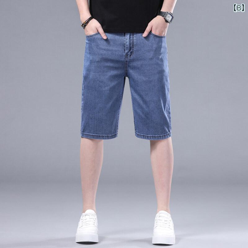 デニム メンズ ストレート ゆったり クロップドパンツ 高ストレッチ 綿混 夏 薄手 軽量 普段使い カジュアル リラックスフィット ブルー ブルーグレー