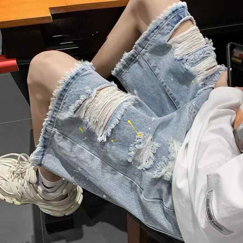 デニム ショートパンツ メンズ 男性用 ダメージ加工 夏用 薄手 ウォッシュ加工 ゆったり ルーズ アメリカンストリート系 ストレートシルエット ノンストレッチ 普段使い カジュアル デザイン
