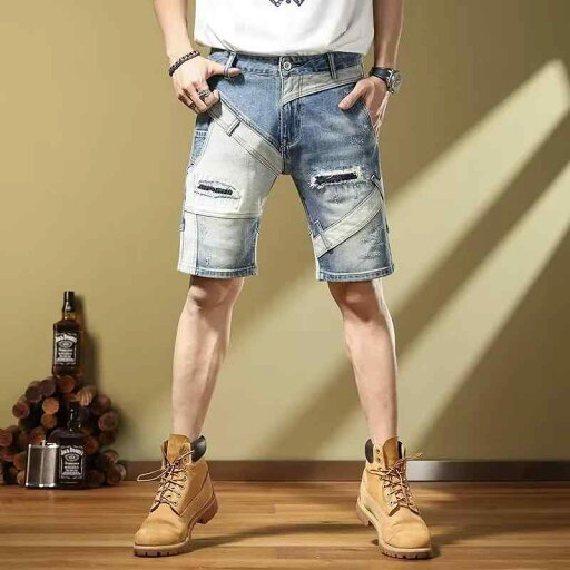 デニムパンツ メンズ 薄手 ストレッチ ハーフパンツ パッチワーク ダメージ加工 ゆったり アメカジ ストリート カジュアル 夏物 ブルー コットン 五分丈 デニムパンツ メンズ 薄手 ストレッチ ハーフパンツ パッチワーク ダメージ加工 ゆったり アメカジ ストリート カジュアル 夏物 ブルー コットン 五分丈