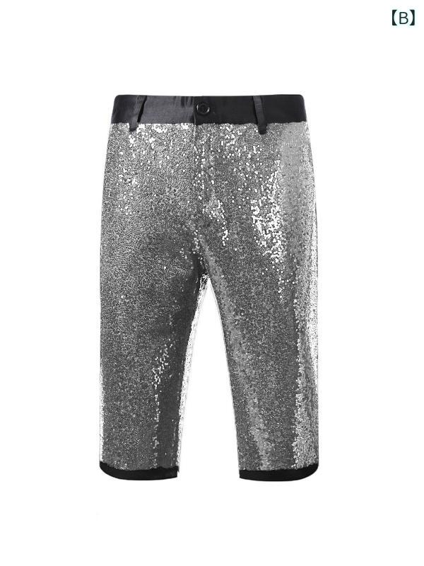 パンツ メンズ スパンコール キラキラ スリム 八分丈 カジュアル ダンス 舞台 ステージ 薄手 ポリエステル コットン 微ストレッチ ボトムス ブラック シルバー パープル オーロラグリーン