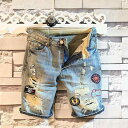 デニム ショートパンツ メンズ カジュアル ハーフパンツ ダメージ加工 クラッシュ ウォッシュ加工 ヴィンテージ 刺繡 ワッペン 個性的 おしゃれ 薄手 ストレッチ ストレート ライトブルー ダークブルー ブラック グリーン ブルー