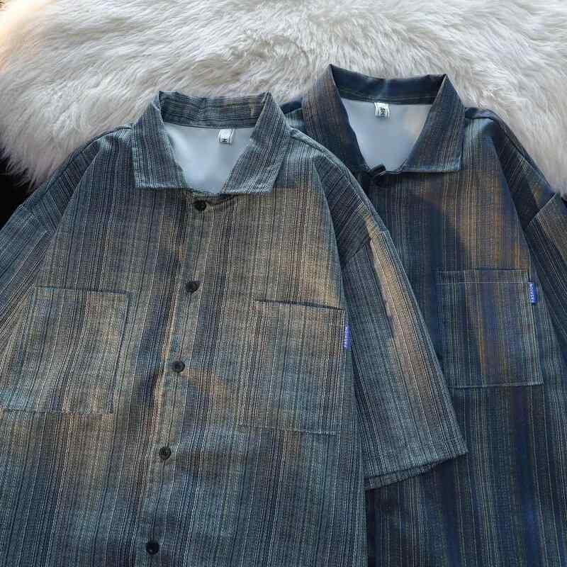 シャツ メンズ 五分袖 夏用 薄手 ストライプ柄 カジュアル ストリート系 原宿スタイル ルーズフィット ..