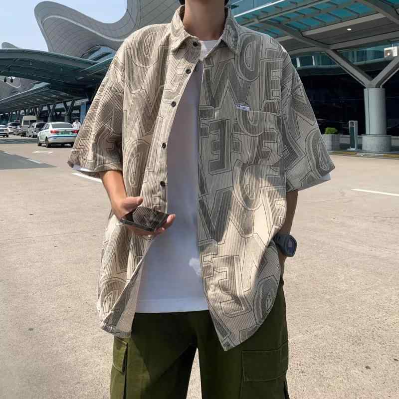 シャツ メンズ 半袖 タイダイ柄 配色 ビッグシルエット ルーズフィット 香港風 レトロ 韓国ファッション ヒップホップ ストリート ワークシャツ 薄手 軽量 ポリエステル混紡 耐摩耗性 夏服 普段使い カジュアル ブラック ブルー カーキ