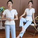 セットアップ レディース 女性用 エステサロン 美容師 スパ 制服 ユニフォーム 上品 施術着 セラピスト フットケア マッサージ 五分袖 クロップドパンツ シェニール 伸縮素材
