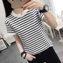Tシャツ レディース 半袖 ショートスリーブ Vネック ゆったり ビッグシルエット コットン 綿 ストライプ ボーダー アシンメトリー 大きいサイズ 通勤 オフィス 普段使い カジュアル リラックス 白黒 ブラック ホワイト