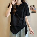 Tシャツ レディース 大きいサイズ ゆったり 体型カバー 着痩せ効果 フェイクレイヤード 重ね着風 半袖 クルーネック ミドル丈 無地 ポリエステル綿 アシンメトリー リボン きれいめカジュアル
