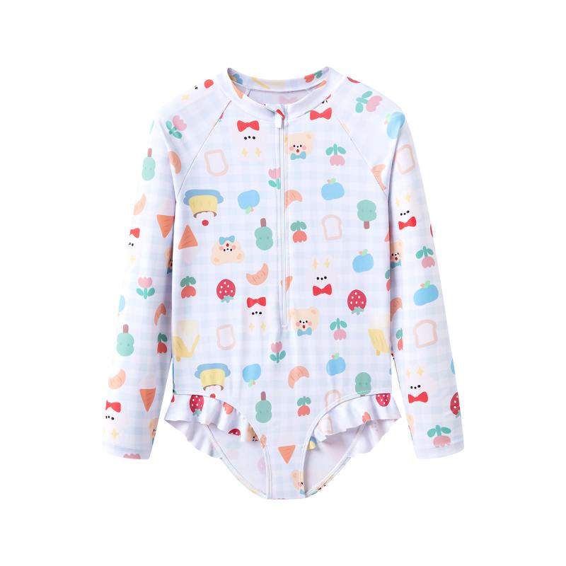 水着 キッズ ベビー 女の子 長袖 ワンピース UVカット 日焼け防止 いちご クマ柄 小花柄 ポリエステル 速乾 伸縮性 プール 海水浴 水遊び ビーチ レジャー