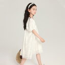 ワンピース 女の子 子供 リヨセル 再生繊維 夏物 韓国風 おしゃれ かわいい レースフリル パフスリーブ Aライン 無地 ベージュ カジュアルドレス 普段使い