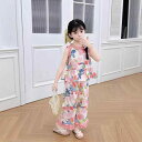 キッズ 女の子 セットアップ 夏 花柄 フリル ノースリーブ パンツ 上下セット 薄手 ポリエステル おしゃれ かわいい 普段使い お出かけ リゾート 2点セッ...