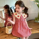 ワンピース 女の子 子供 ベビー キッズ ジュニア 夏服 チェック柄 プリンセス Aライン 綿 コットン スイート かわいい フリル襟 丸襟 イチゴモチーフ 普段着