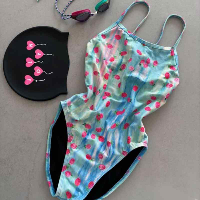水着 レディース かわいい イチゴ柄 フェミニン セクシー ガーリー ワンピース ブルー ナイロン スパンデックス 速乾 競泳用 スポーツ 水泳 ハイウエスト バックシャン カップ付き ノンワイヤー 高伸縮性 耐久性 プール スイムウェア